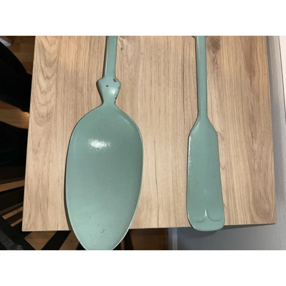 Sexton Style Cast Metal Teal Kitchen Wall‎ Decor Plates W/ Large Fork Spoon